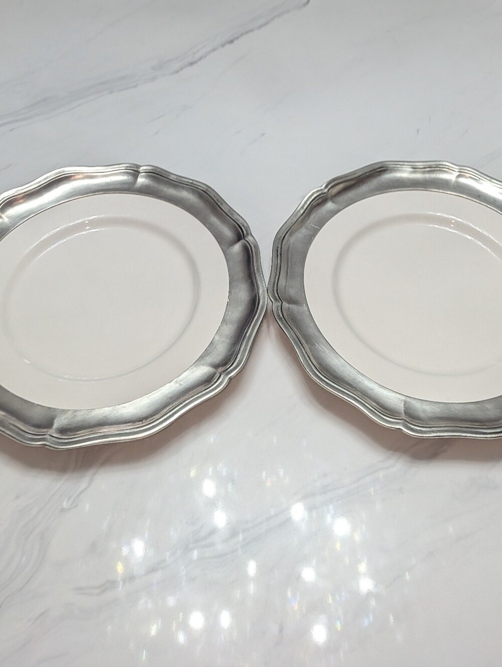 Rare Arte Italica Umbria Pewter Ceramic 12.5” Charger Plates - Pair (Italy)